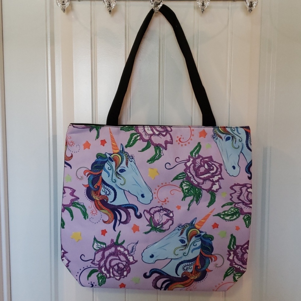 Rainbow Unicorn Rose Purple Zippered Tote Bag